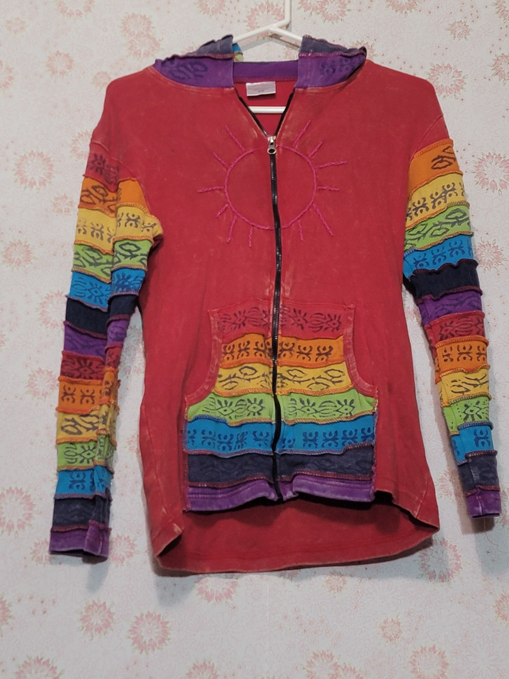 Red Zip-Up Hoodie with Rainbow Striped Sleeves
